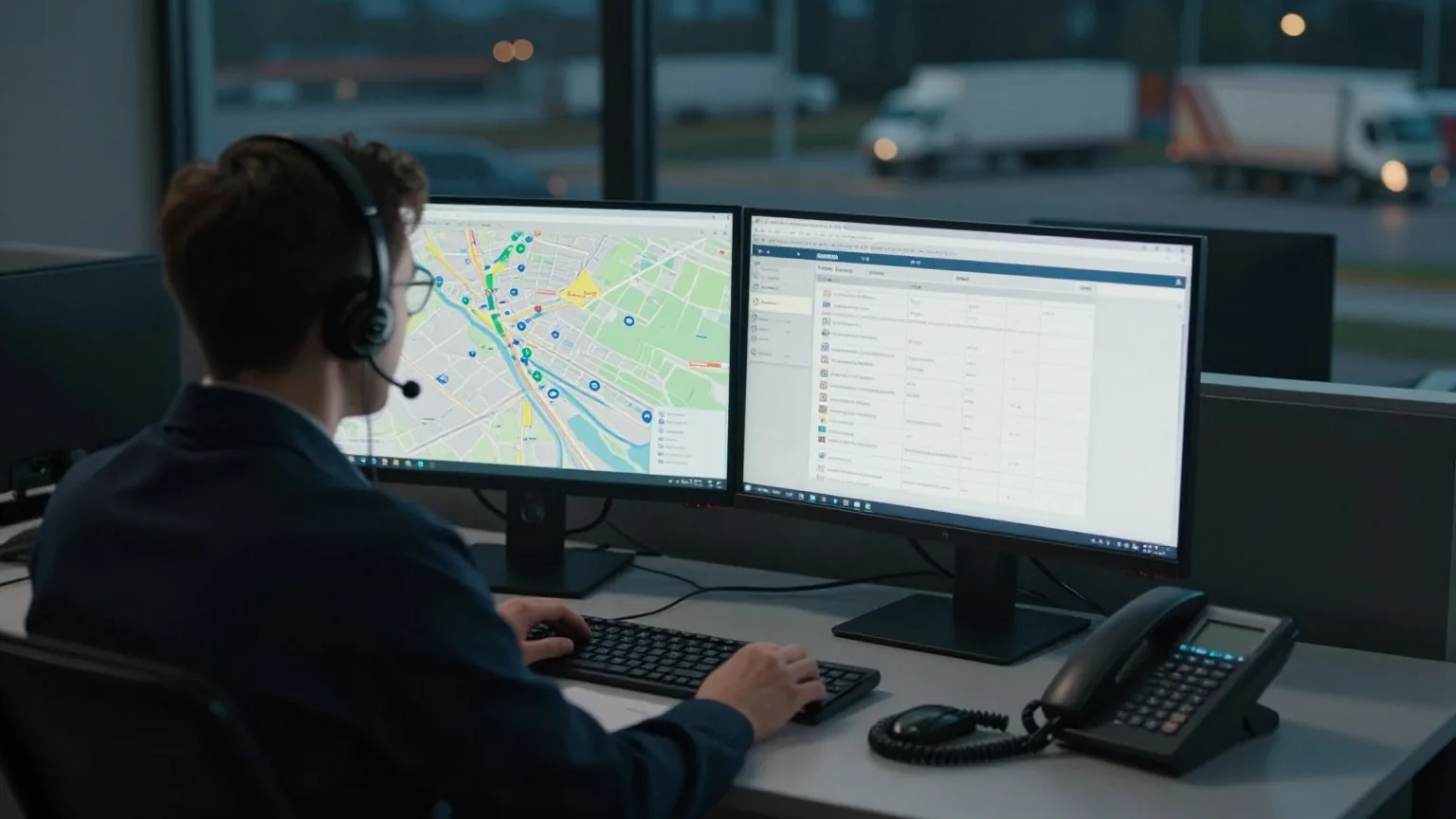 A dispatcher seen from behind at a desk with two monitors and a headset, a lit truck yard outside the window