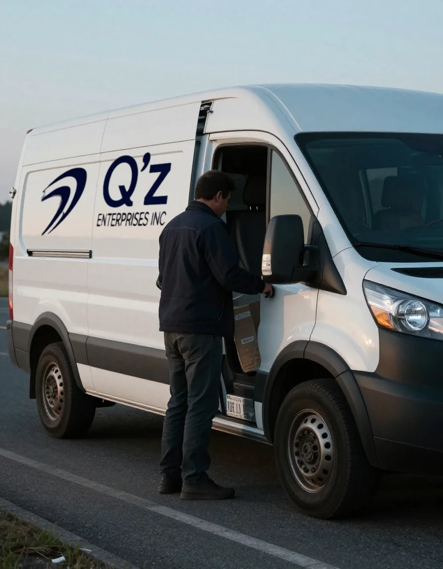 A driver in a dark jacket opening the side door of a white QZ Enterprises cargo van at dawn