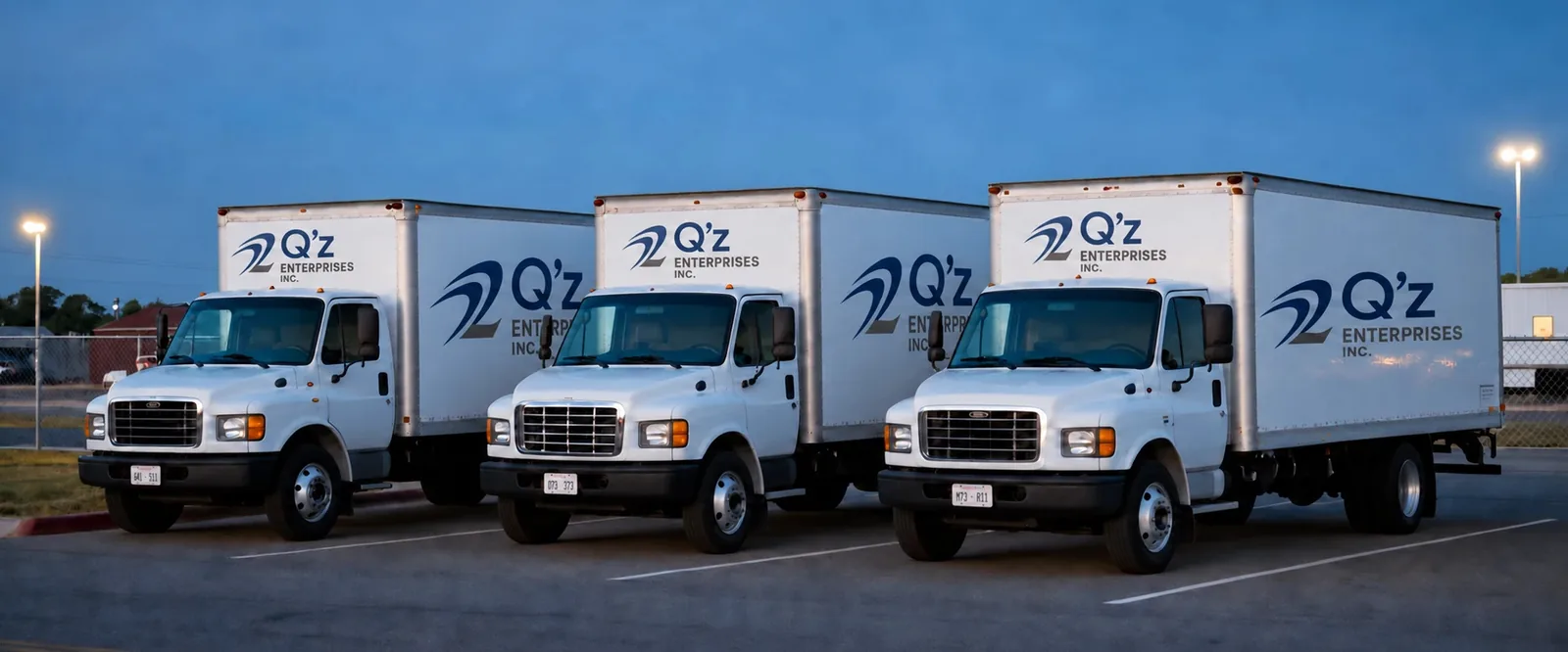 Three white QZ Enterprises box trucks parked side by side in a truck yard at dusk
