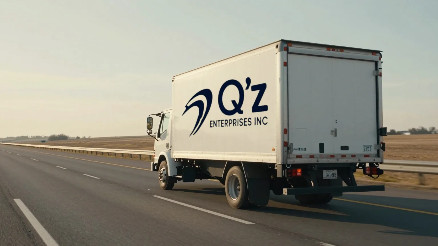 A white QZ Enterprises box truck driving away down an open interstate at golden hour