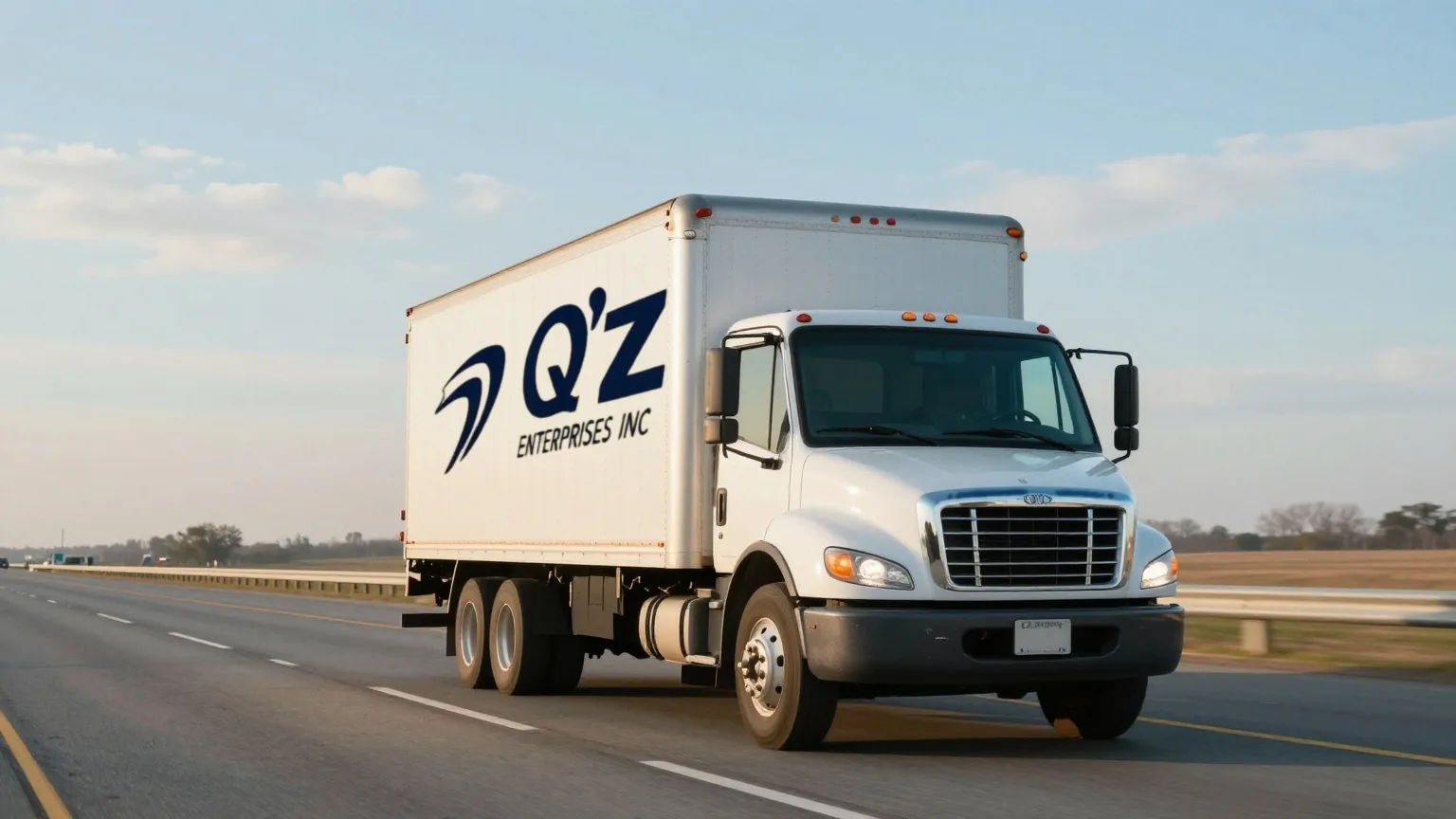 A white QZ Enterprises box truck driving along an open interstate at sunrise