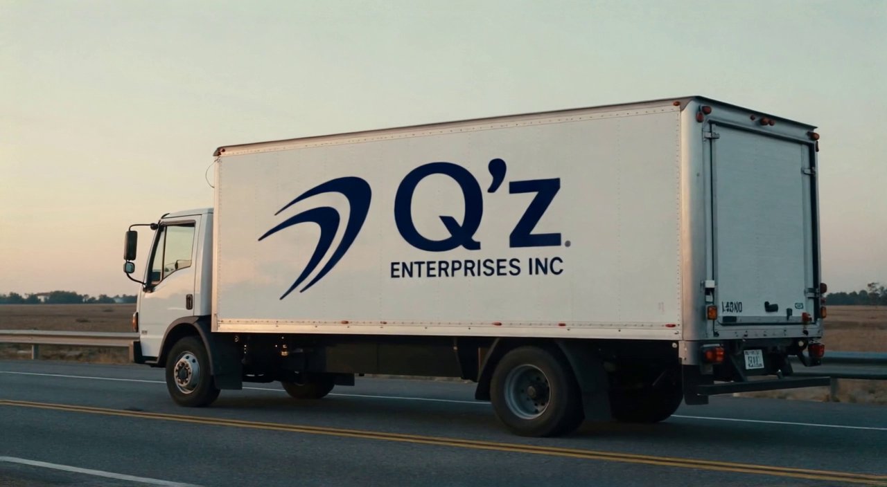 A white QZ Enterprises box truck pulling up and stopping on an open highway at dawn